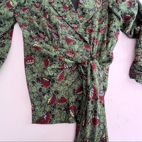 Vintage Stanley Platos green multi floral wrap tie waist blouse size 4 - Picture 10 of 13